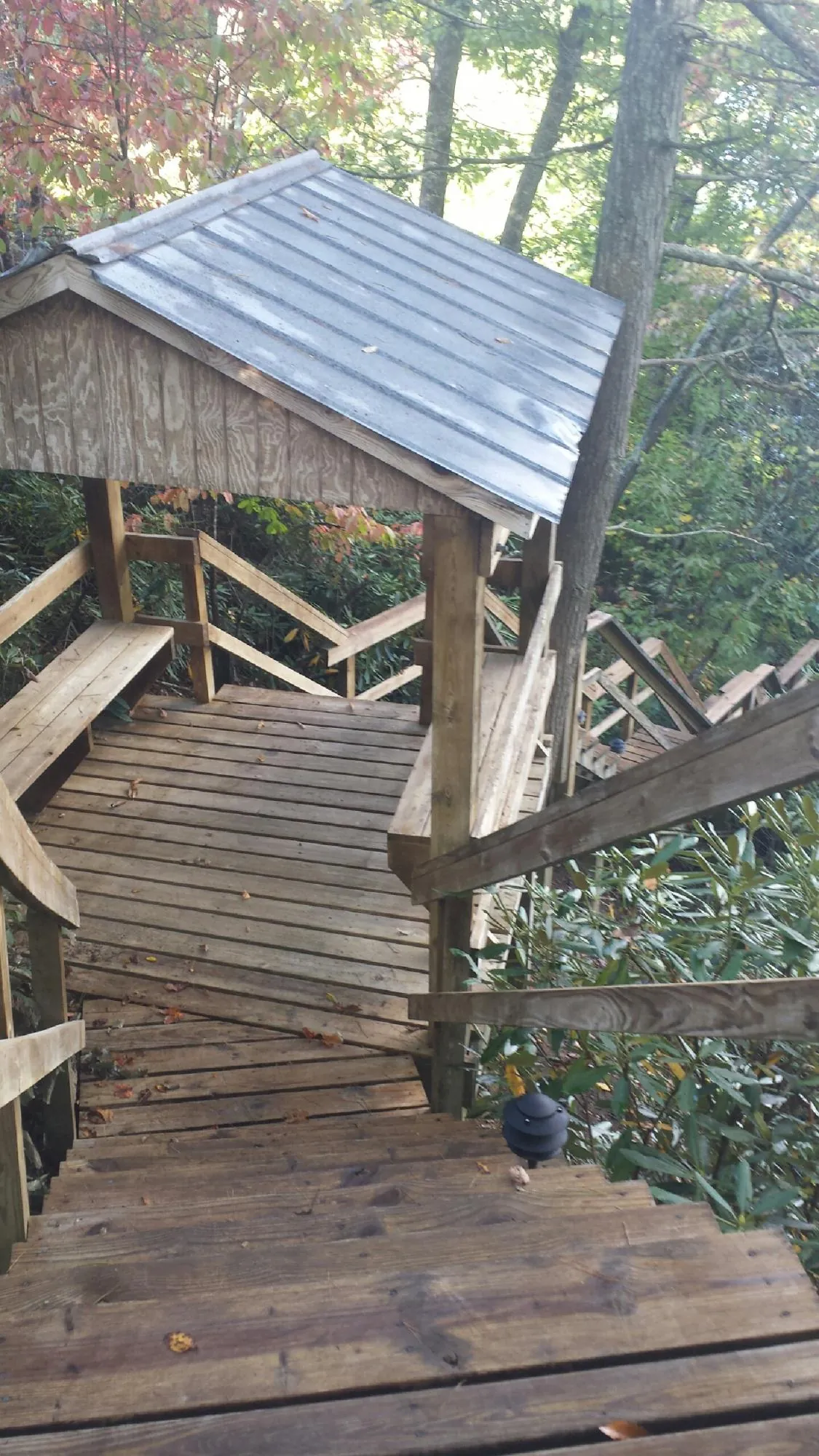 Metal roofed shelter over wooden steps on a wooded walkway — Skylight Repair & Installation work by our crew in Owenton